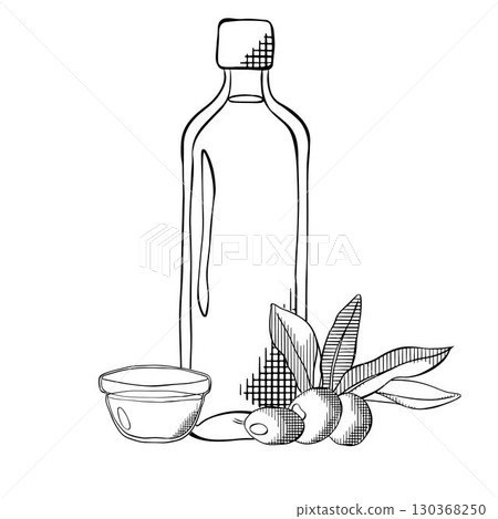 Olive Oil Bottle, bowl, berries and green leaves. Sketch Black and white Hand drawn Illustration with Olives and leaves Vector graphic line ink illustration. For logo, web, package, sticker. 130368250