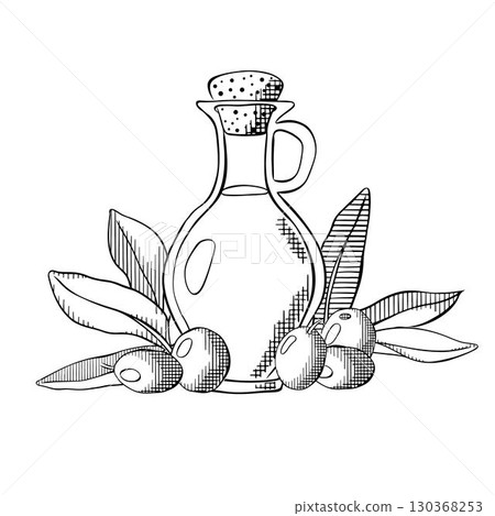 Hand-drawn olive oil bottle with berries and leaves composition. Vector graphic line Black and white ink illustration. Extra virgin olive oil. Vintage style. Sample poster, holiday banner, postcard. 130368253