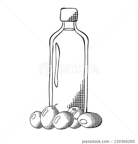 Olive oil bottle composition. Vector graphic line ink Black and white illustration. Olive oil, bottle, berries, leaves Extra virgin olive oil. texture for bedsheets, pajamas, wrapping papers. Olive oil bottle composition. Vector graphic line ink Black and white illustration. Olive oil, bottle, berries, leaves Extra virgin olive oil. texture for bedsheets, pajamas, wrapping papers. 130368260