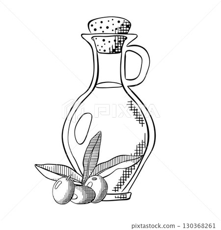 Olive oil bottle composition. Vector graphic line ink Black and white illustration. Olive oil, bottle, branch, berries, green leaves for banners, print for fabric, labels, t-shirt printing. Olive oil bottle composition. Vector graphic line ink Black and white illustration. Olive oil, bottle, branch, berries, green leaves for banners, print for fabric, labels, t-shirt printing. 130368261