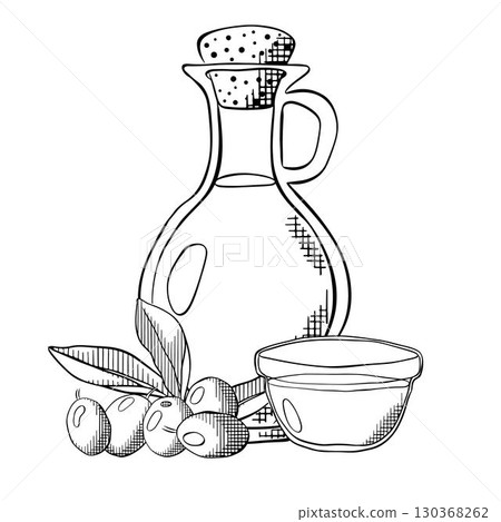 Vector olive oil and olives, bowl line art illustration, graphic line Black and white ink art. Elegant line botanical illustration. designs, textile, art, walls, package Sample poster, invitation 130368262