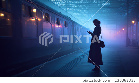 A dreamy photo of a woman standing on a train platform, spending time with her smartphone. 130368333