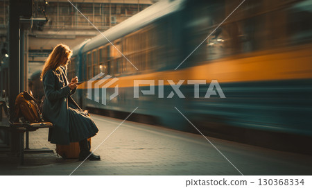 A dreamy photo of a woman standing on a train platform, spending time with her smartphone. 130368334
