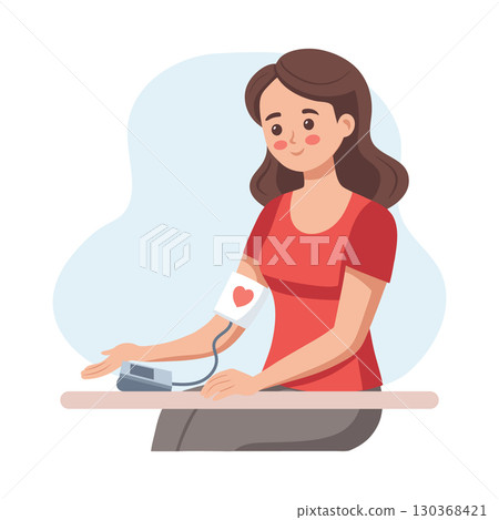 Young woman measures blood pressure. Woman with a tonometer. Illustration. 130368421