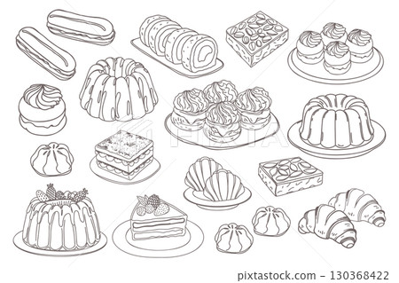 Set of different sweet desserts. Assortment of baked goods, eclairs, cakes and pastries. Hand drawn doodle illustrations. 130368422