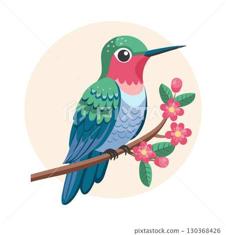 Charming hummingbird sitting on a branch with flowers. Illustration. 130368426