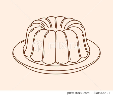 Sweet bundt cake on a plate. Line art illustration. 130368427