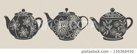 Set of teapot silhouettes with floral ornament. Hand drawn illustration. 130368430