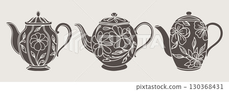 Set of teapot silhouettes with floral ornament. Hand drawn illustration. Set of teapot silhouettes with floral ornament. Hand drawn illustration. 130368431