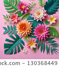 tropical background with palm leaves and flowers 130368449