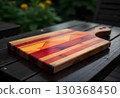 close up of a wooden cutting board on a table 130368450