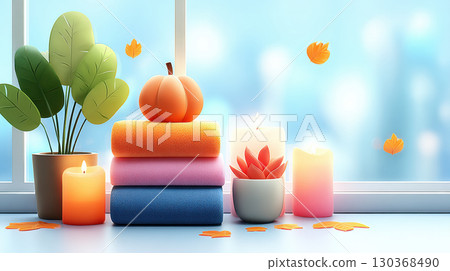 Cozy autumn scene with stacked towels, candles, and small pumpkin by window, creating warm atmosphere 130368490