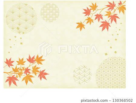 Orange and red autumn leaves and Japanese pattern background_horizontal 130368502