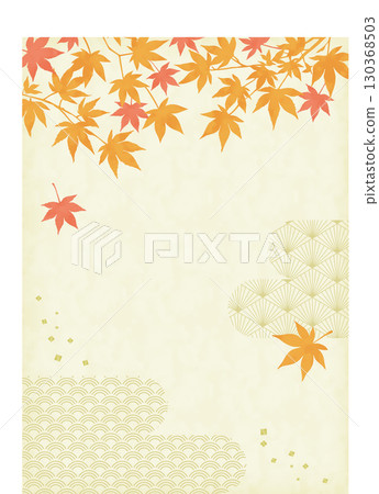 Orange and red autumn leaves and Japanese pattern background_Vertical 130368503