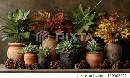 Collection of potted plants and autumn leaves in rustic pots, surrounded by pinecones, creates cozy, natural display 130368512