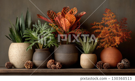 Collection of potted plants with vibrant foliage and pinecones on wooden shelf creates warm, autumnal display 130368513