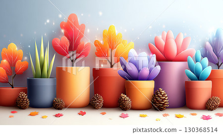 Colorful potted plants with autumn leaves and pinecones create vibrant, whimsical scene. bright colors and playful design evoke sense of joy 130368514