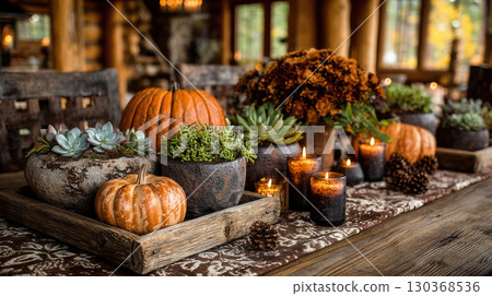 Autumn themed table setting with pumpkins, succulents, and candles creates cozy atmosphere 130368536