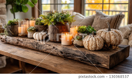 Rustic autumn themed decor with potted plants, pumpkins, and candles on wooden table, natural daylight 130368537