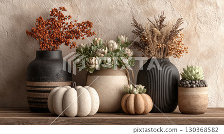 Autumn themed still life with pumpkins, vases, and dried flowers on wooden surface 130368582