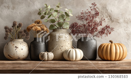 Rustic arrangement of vases with dried flowers and pumpkins on wooden shelf creates cozy autumn atmosphere 130368583