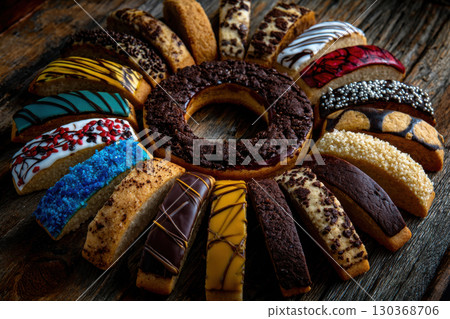 Colorful assortment of baked cookies arranged on wooden table 130368706