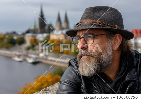 Man with beard and glasses gazes thoughtfully at river and city skyline 130368756