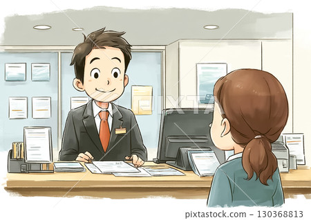A scene where a male bank employee is explaining to a customer at a bank counter 130368813