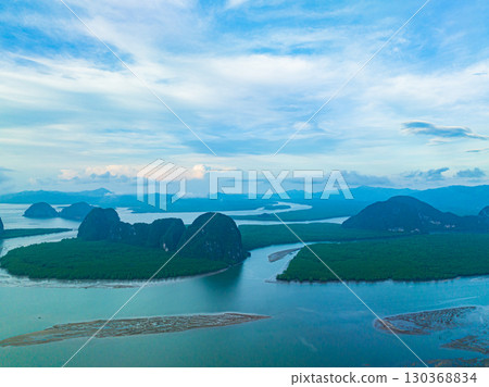 An aerial view of the Panyee Islands, with many islands and intact mangrove forests. 130368834