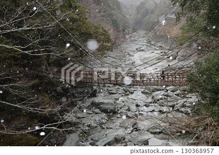 位於僻靜的祖谷溪谷的葛藤橋，那裡有雪 130368957