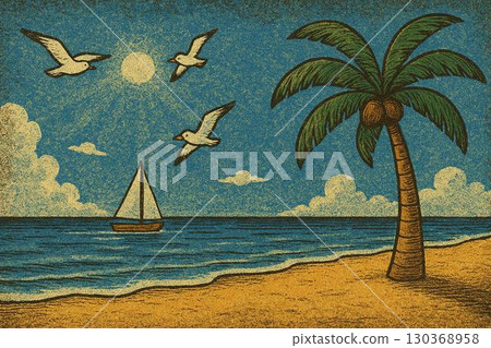 Summer sea palm trees seagulls yacht 130368958