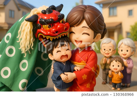New Year's: Mother and child crying after their heads are bitten by a lion dance 130368966