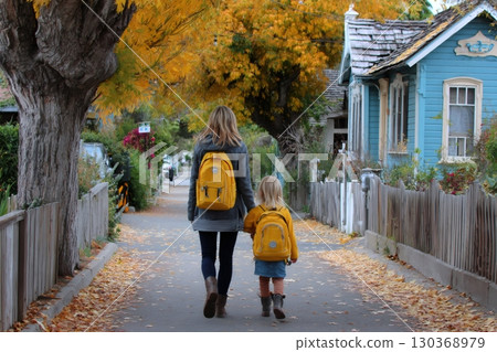 Mother and daughter walking home from school on an autumn day Mother and daughter walking home from school on an autumn day 130368979