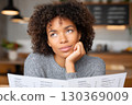 Pensive customer choosing from menu in restaurant, woman making decision at cafe table 130369009