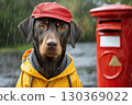 Dog wearing raincoat and hat standing near postbox in rain 130369022