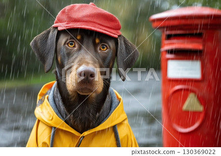 Dog wearing raincoat and hat standing near postbox in rain 130369022