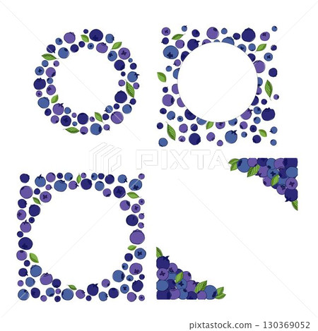Blueberry circle round frame set. Blueberries with leaves, delicious blueberries round graphic line vector background illustration. Juicy blueberry design with place for text and logo 130369052