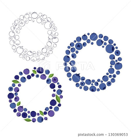 Fresh berries circle round frame set. Vector templates of graphic line berries. Clip art, element for design. 130369053