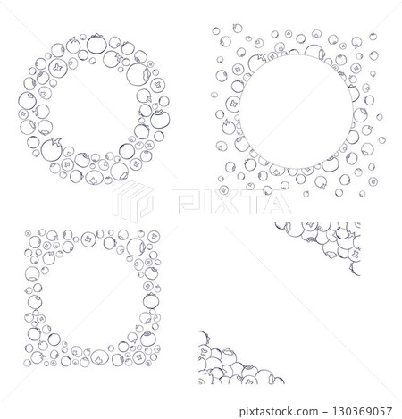 Hand drawn graphic line illustrations of blueberry circle round frames set. vector Detailed frame with blueberries. Applicable for menu, brochures, flyers. 130369057
