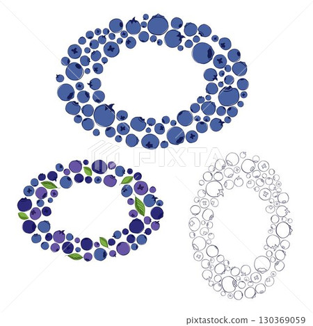 Blueberry with leaves oval frame set with ripe blueberries in blue and violet tones on a white transparent background. graphic line vector illustration. 130369059