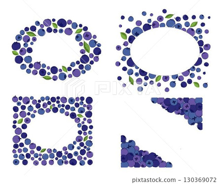 Blueberry in graphic line style, blue and purple oval frame composition vector set. For restaurant, cafe menu, wedding, farmers market 130369072