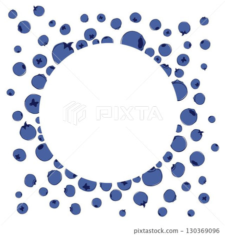 Fresh ripe flying blueberries round circle frame with empty space. Graphic line vector natural border with fruits for healthy food packaging design. Wild forest dark juicy berry with greenery. 130369096