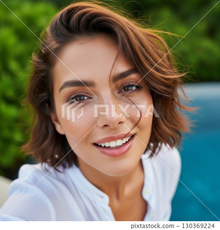Close-up of a young woman's selfie face 130369224