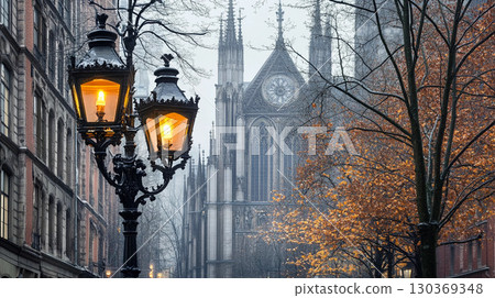 Gothic street lamp in front of Notre Dame de Paris, France 130369348