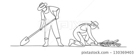 One Continuous Line Drawing of Two Farmers Working Together in a Field 130369403
