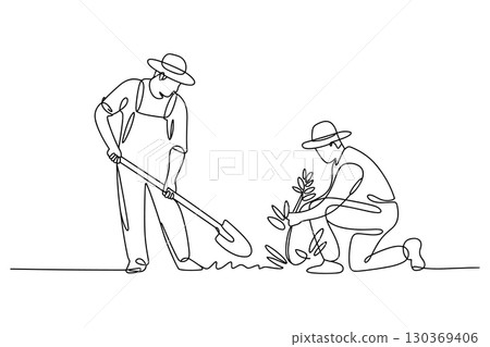 One Continuous Line Drawing of Two Farmers Working Together in a Field 130369406