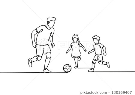 Single Continuous Line Drawing of a Father and His Two Children Playing Football 130369407