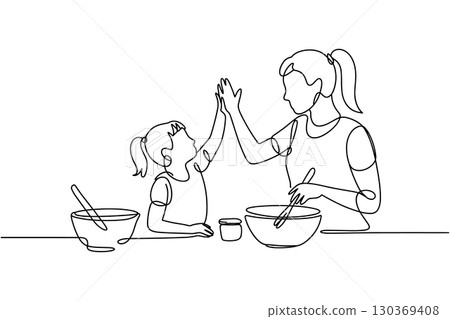 Single Continuous Line Drawing of a Mother and Daughter Giving a High-Five while Cooking 130369408