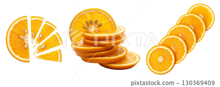 Fresh oranges and their juicy slices on a white background. The image is perfect for advertising, juice packaging, or cooking blogs. 130369409