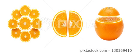 Fresh oranges and their juicy slices on a white background. The image is perfect for advertising, juice packaging, or cooking blogs. 130369410